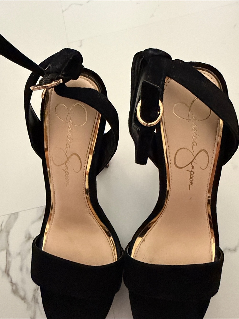 Black Suede Platform heels with Multicolor Gem Block Heel - Picture 2 of 6